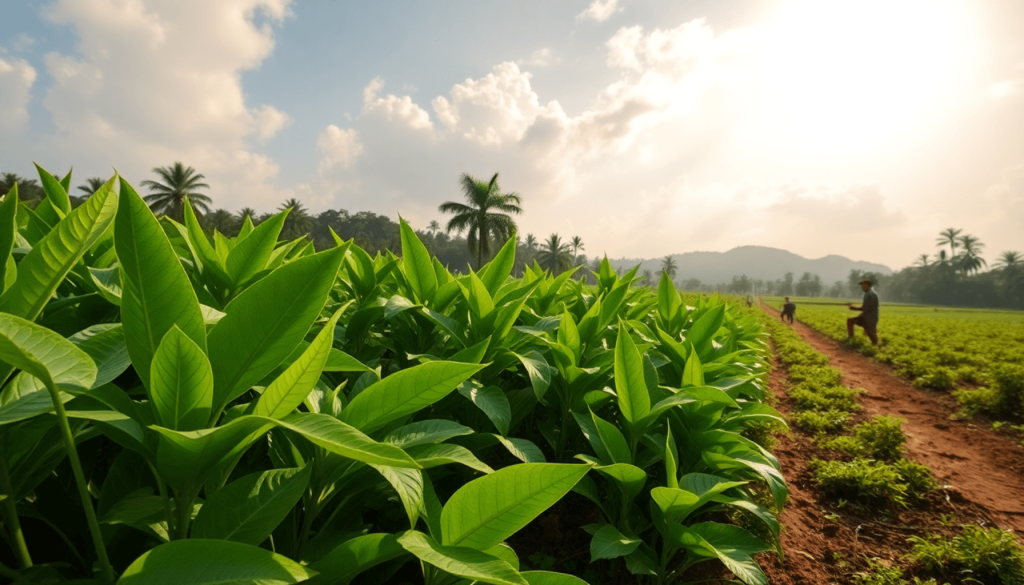 Farmers harvesting lush green Kratom plants in a vibrant Indonesian rural landscape under a bright sky.