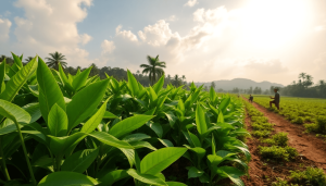 Farmers harvesting lush green Kratom plants in a vibrant Indonesian rural landscape under a bright sky.