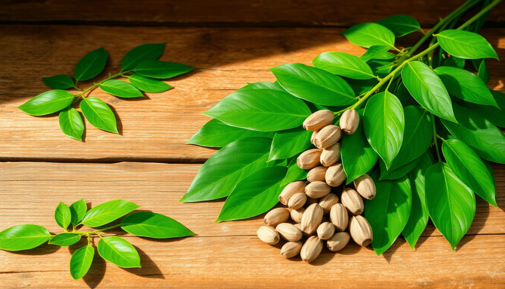 Fresh moringa leaves and seed pods on a rustic wooden table, softly lit to highlight their vibrant green color, evoking natural health and traditional wellness.