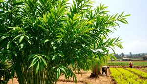 Lush green Moringa tree in a sunlit rural Indonesian setting with farmers tending crops and traditional farming in the background.