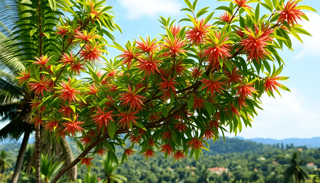 A vibrant Moringa tree with bright green leaves in a lush tropical Indonesian landscape.