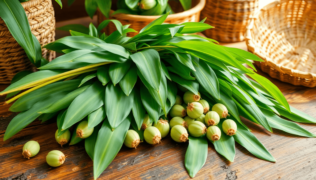 Fresh green moringa leaves and pods on a rustic wooden table with woven baskets, bathed in natural sunlight highlighting textures and colors.
