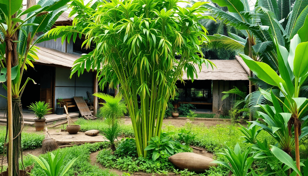 A vibrant Moringa tree in a lush village garden with tropical plants and traditional farming tools, symbolizing sustainability and cultural heritage.
