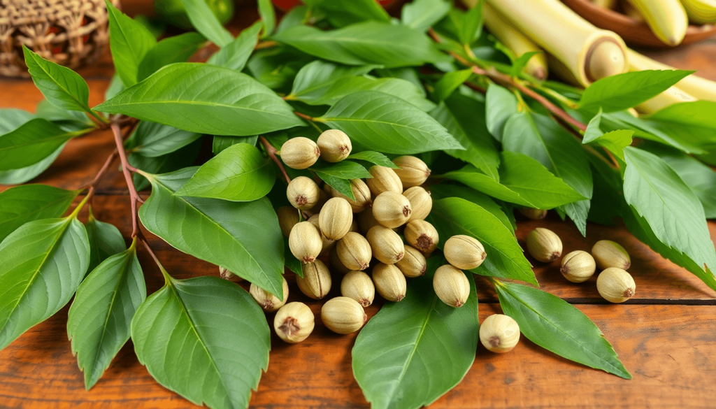 Fresh green Moringa leaves and seed pods on a rustic wooden table with subtle cultural elements in the background.