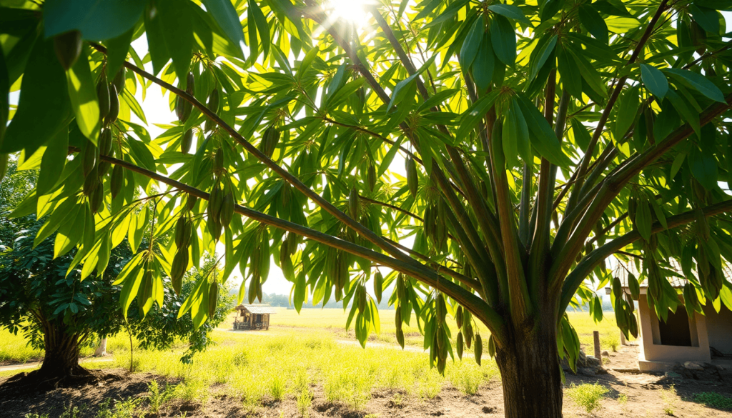 A vibrant moringa tree with lush green leaves and seed pods in a sunlit rural Indonesian landscape.
