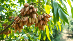 Close-up of fresh moringa leaves and pods on a tree branch in a sunlit, green farm setting showcasing organic farming.