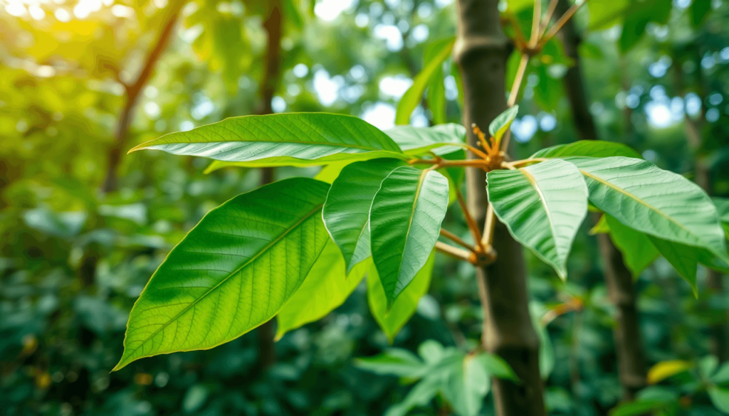 Close-up of vibrant green kratom leaves on a tree branch in a lush forest, symbolizing traditional herbal medicine and natural wellness.