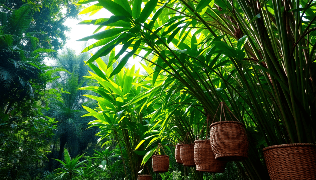 Sunlit tropical rainforest with lush Kratom trees and traditional woven baskets, highlighting natural beauty and cultural heritage.