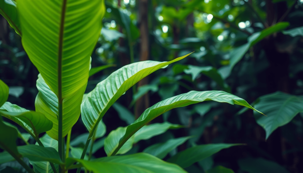 Gambar dekat daun kratom hijau segar di hutan hujan tropis yang subur, menyoroti lingkungan alami tanaman tersebut dan penggunaannya secara tradisional.