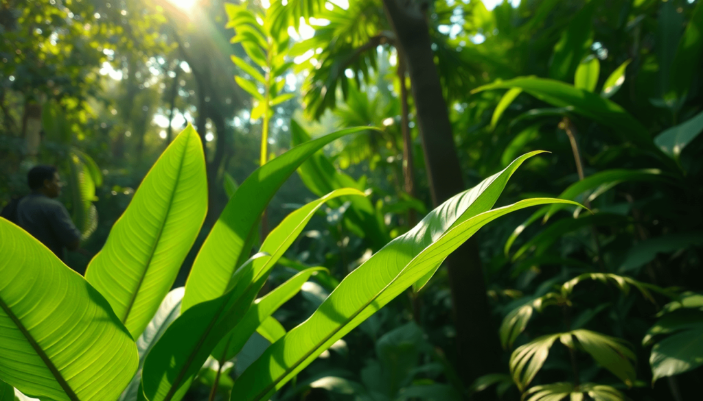 Lush green kratom leaves in a vibrant tropical rainforest with sunlight filtering through dense foliage.