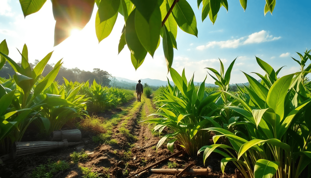 Lush green kratom plantation with traditional farming tools under soft sunlight in a serene rural landscape.