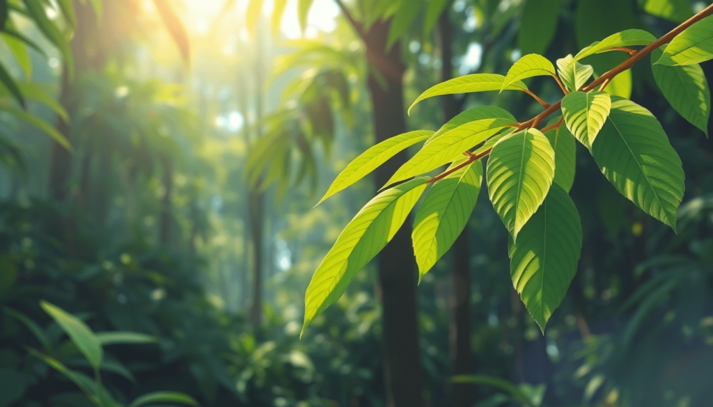Realistic illustration of green kratom leaves on a branch with soft sunlight filtering through dense tropical forest foliage.
