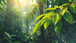 Realistic illustration of green kratom leaves on a branch with soft sunlight filtering through dense tropical forest foliage.