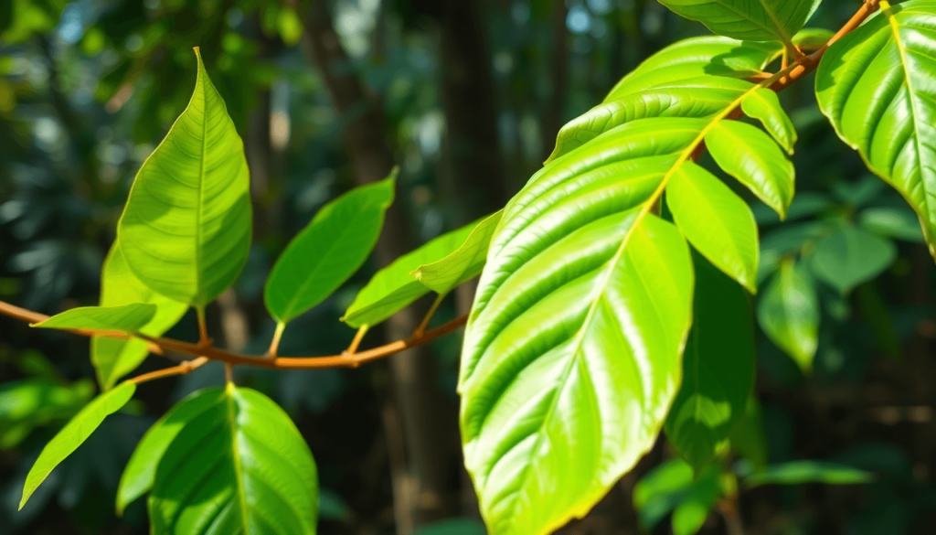 Close-up of fresh green Kratom leaves on a branch in a tropical forest with soft natural light highlighting the lush foliage.