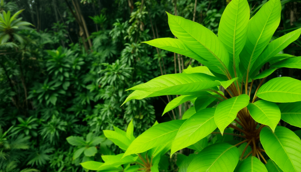 Close-up of vibrant green Kratom leaves in a lush Indonesian rainforest, highlighting traditional healing and sustainable wellness.