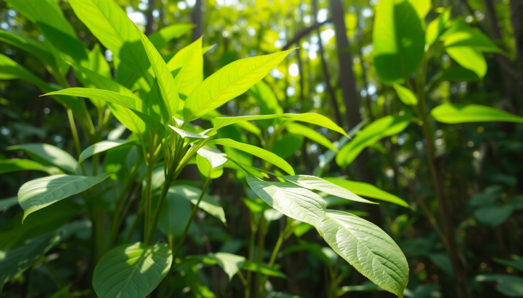 Lush green Kratom plant in a tropical forest with sunlight filtering through the leaves, symbolizing natural health and traditional herbal medicine.